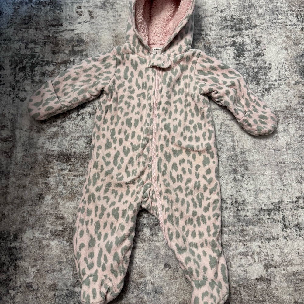 Carter's baby girl animal print Sherpa bunting pram size 3 months.